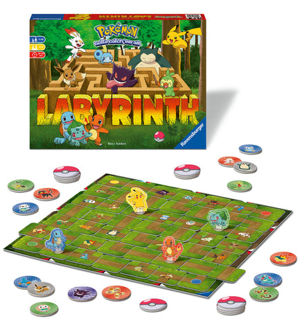 Ravensburger Pokémon Labyrinth board game with colorful game pieces and maze design for family fun and strategic play.