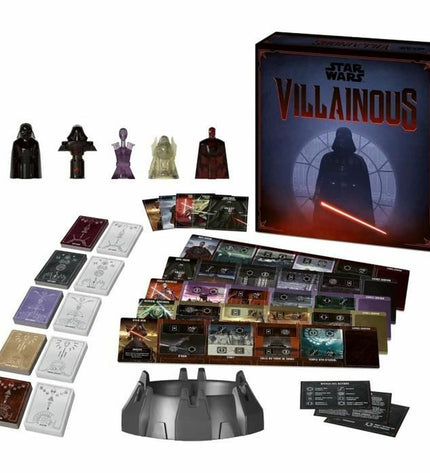 Star Wars Villainous board game by Ravensburger, featuring colorful game components and character illustrations.