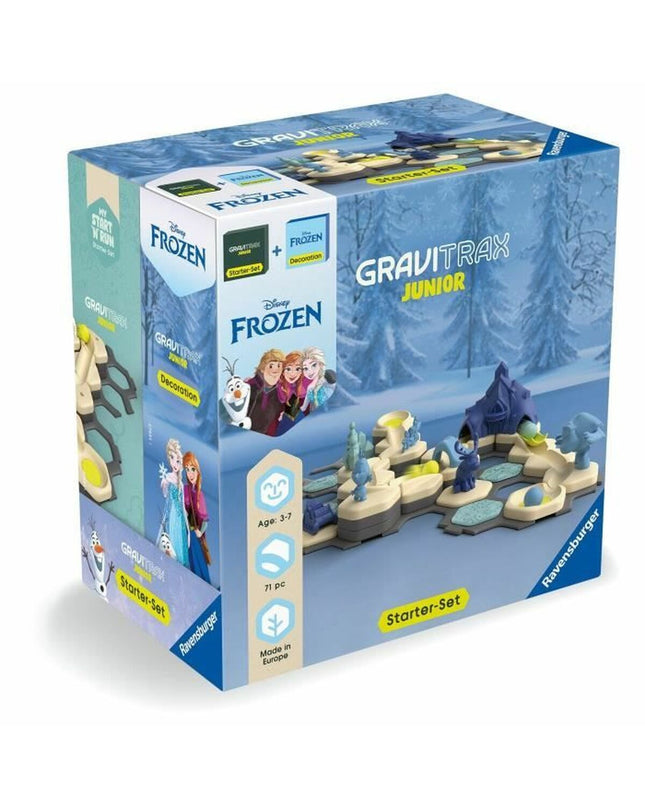 Ravensburger Gravitrax Junior Starter Set Frozen toy game with colorful magnetic track pieces and Frozen-themed design.