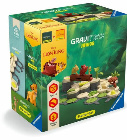 Ravensburger Gravitrax Junior Starter Set El Rey León toy game with colorful track pieces and themed characters for kids.