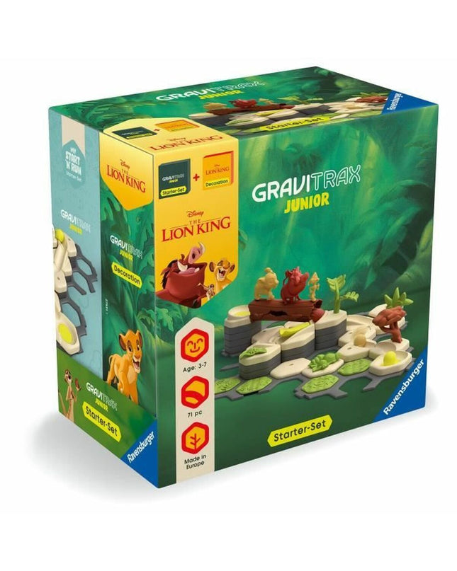 Ravensburger Gravitrax Junior Starter Set El Rey León toy game with colorful track pieces and themed characters for kids.