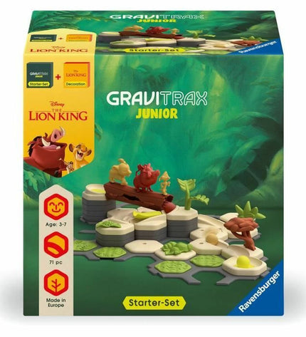 Ravensburger Gravitrax Junior Starter Set El Rey León toy game with colorful tracks and characters from The Lion King.