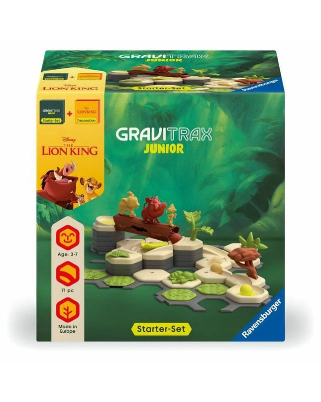 Ravensburger Gravitrax Junior Starter Set El Rey León toy game with colorful tracks and characters from The Lion King.