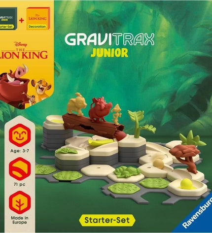 Ravensburger Gravitrax Junior Starter Set El Rey León toy game with colorful track pieces and themed character figures.