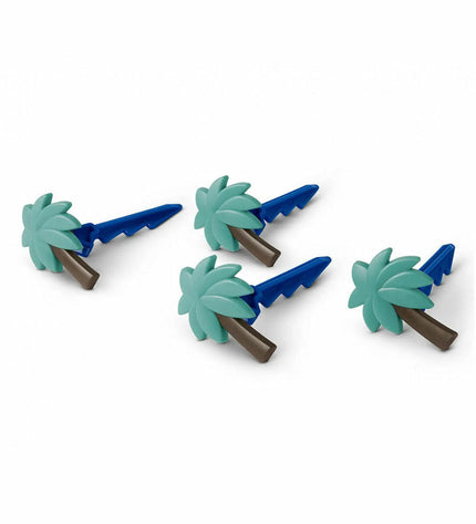 Set of four Lifetime plastic palm tree hand towel clips for bathroom and kitchen use, featuring green palm leaf design.