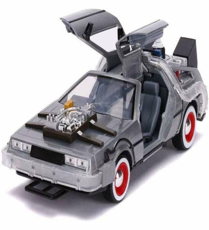 Simba Back to the Future III DeLorean toy vehicle in 1:24 scale, detailed model with distinctive gull-wing doors and futuristic design
