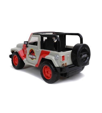 Jurassic World remote-controlled police car toy in 1:16 scale, designed for children, with detailed police vehicle features.