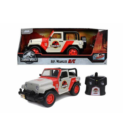 Jurassic World remote-controlled police car toy in 1:16 scale, detailed design, perfect for kids' play and imaginative adventures.