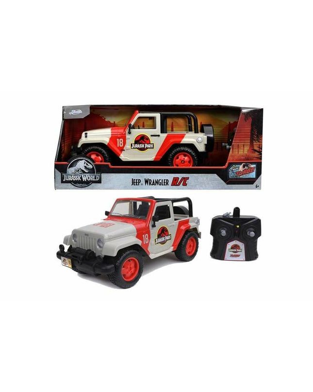 Jurassic World remote-controlled police car toy in 1:16 scale, detailed design, perfect for kids' play and imaginative adventures.