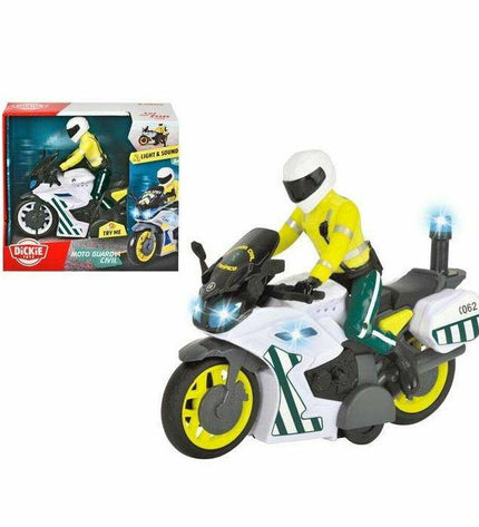 Dickie Toys police motorcycle toy, 17 cm long, featuring detailed police vehicle design for children’s play and collection.