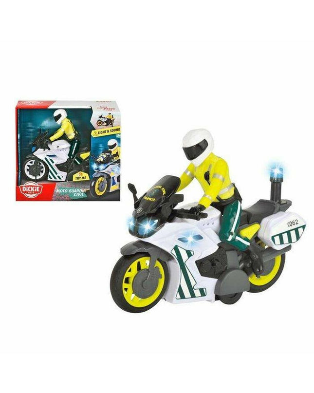 Dickie Toys police motorcycle toy, 17 cm long, featuring detailed police vehicle design for children’s play and collection.