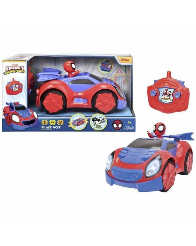 Simba Spidey remote control police car toy with police markings, designed for children, featuring colorful details and a sleek vehicle shape.