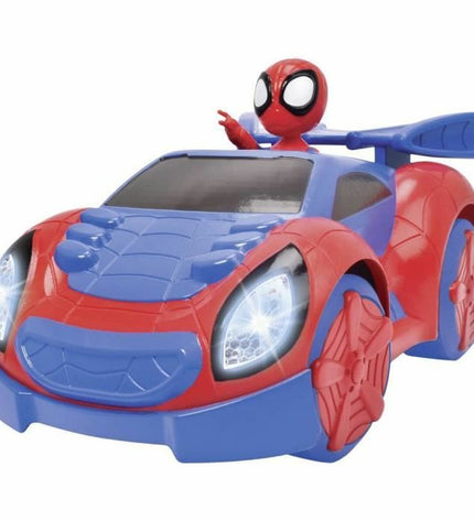 Simba Spidey remote control police car toy with black and red design, detailed police vehicle featuring Spider-Man branding.