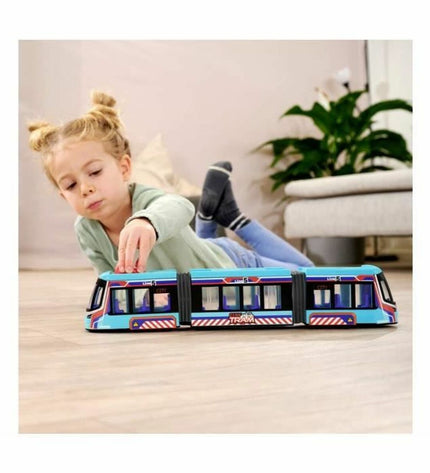 Simba City train toy in red and blue with detailed windows and wheels, designed for children's play and imaginative transportation.