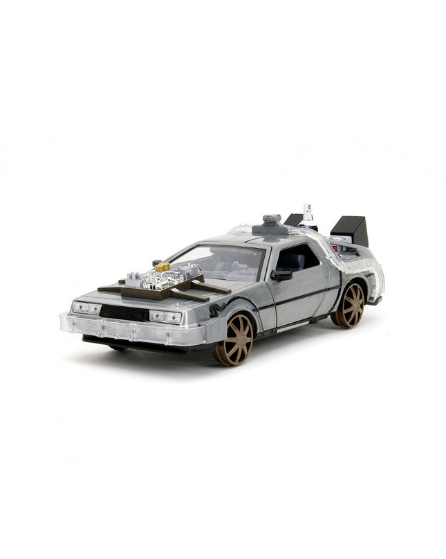 Smoby Auto DeLorean Back to the Future III 1885 toy vehicle in silver with detailed design, 1:24 scale, for play and display.