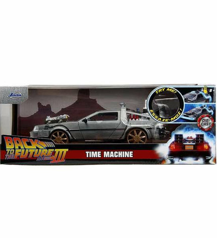 Smoby DeLorean toy car from Back to the Future III, 1:24 scale, detailed model with silver finish and iconic gull-wing doors.