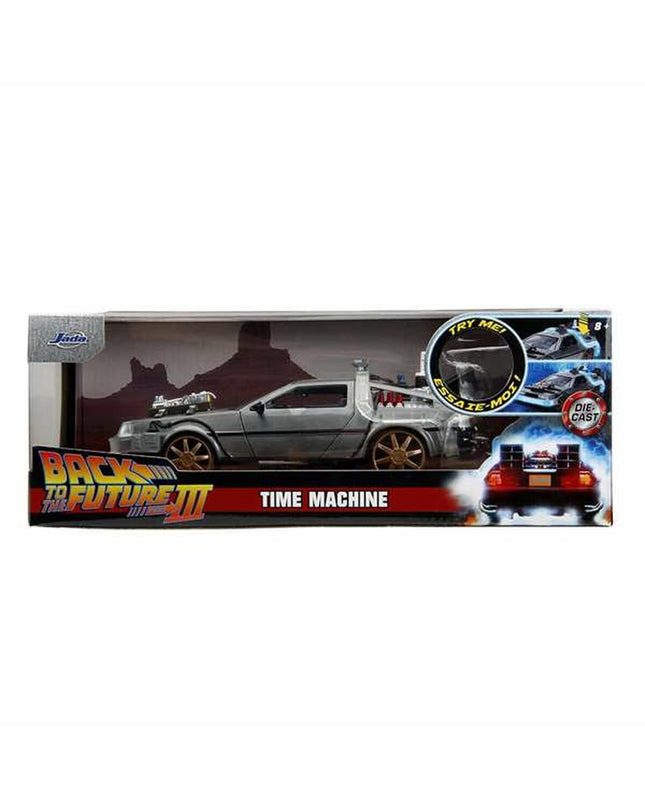 Smoby DeLorean toy car from Back to the Future III, 1:24 scale, detailed model with silver finish and iconic gull-wing doors.