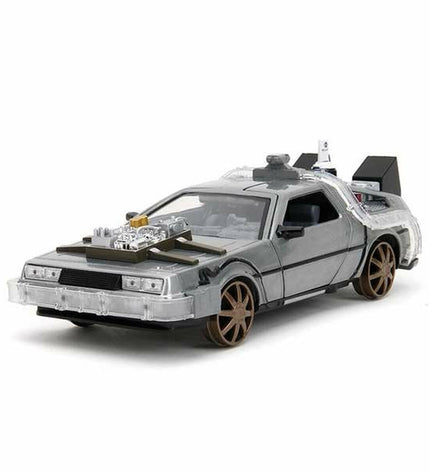 Smoby DeLorean toy car from Back to the Future III, 1:24 scale model in metallic silver with detailed design.