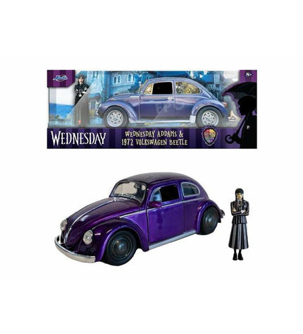 Purple Wednesday toy car, a small Volkswagen vehicle for children, displayed on a flat surface with detailed features.