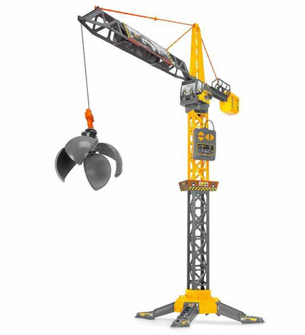Smoby yellow and gray radio-controlled toy crane with extendable arm and detailed controls, designed for children’s play.