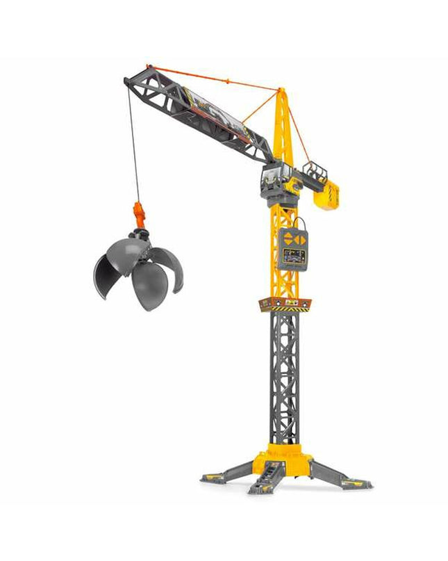 Smoby yellow and gray radio-controlled toy crane with extendable arm and detailed controls, designed for children’s play.