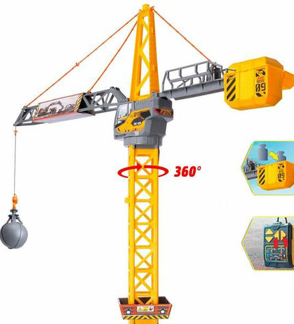 Yellow and gray Smoby Mighty Crane toy with radiocontrolled crane and extendable arm, designed for children’s vehicle play.