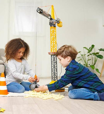 Yellow and gray Smoby Mighty Crane remote control toy with realistic details, designed for children’s vehicle and toy play.