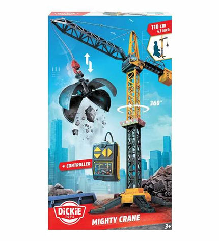 Yellow and gray Smoby Mighty Crane toy with remote control, featuring a realistic crane design for children’s vehicle play.