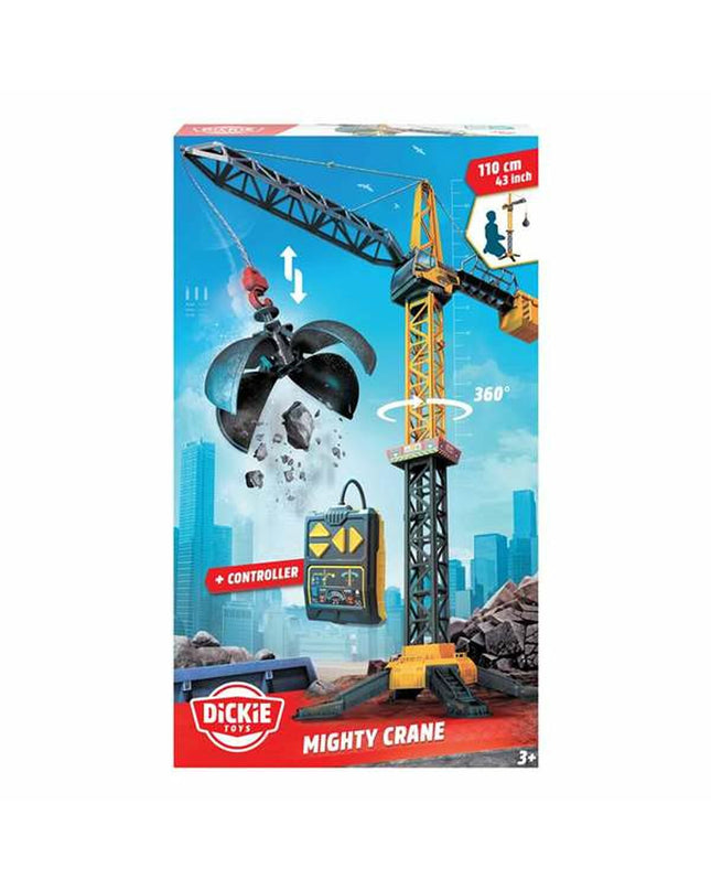 Yellow and gray Smoby Mighty Crane toy with remote control, featuring a realistic crane design for children’s vehicle play.