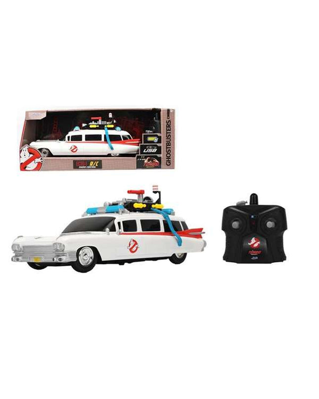 Smoby remote-controlled police car toy with black and white design, detailed police decals, and antenna for play and role-playing.