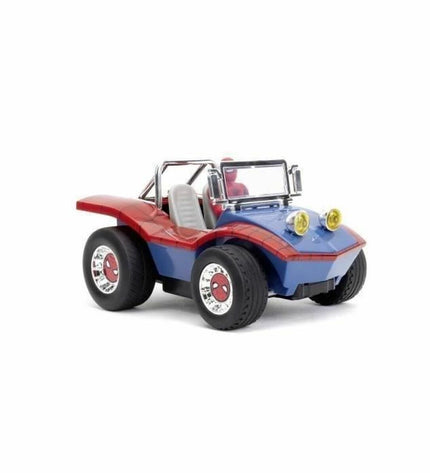 Jada Spider-Man police car toy on remote control, 1:24 scale, featuring red and blue colors and detailed vehicle design.