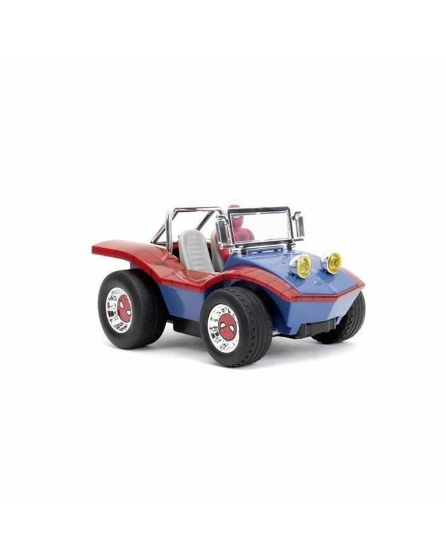 Jada Spider-Man police car toy on remote control, 1:24 scale, featuring red and blue colors and detailed vehicle design.