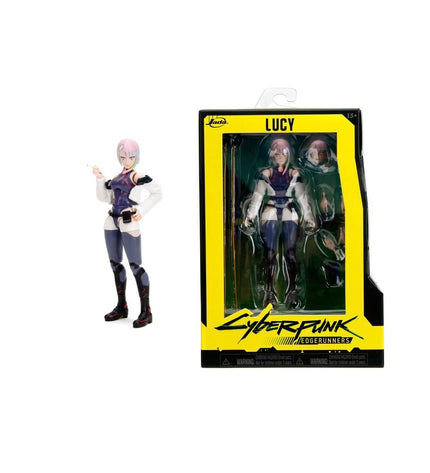 Jada Cyber Punk Lucy action figure, 15 cm tall, detailed with futuristic costume, posing with vibrant accessories.