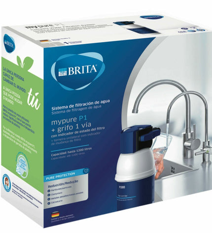 Brita MYPURE faucet filter attached to kitchen tap in a home kitchen setting, demonstrating water filtration process.