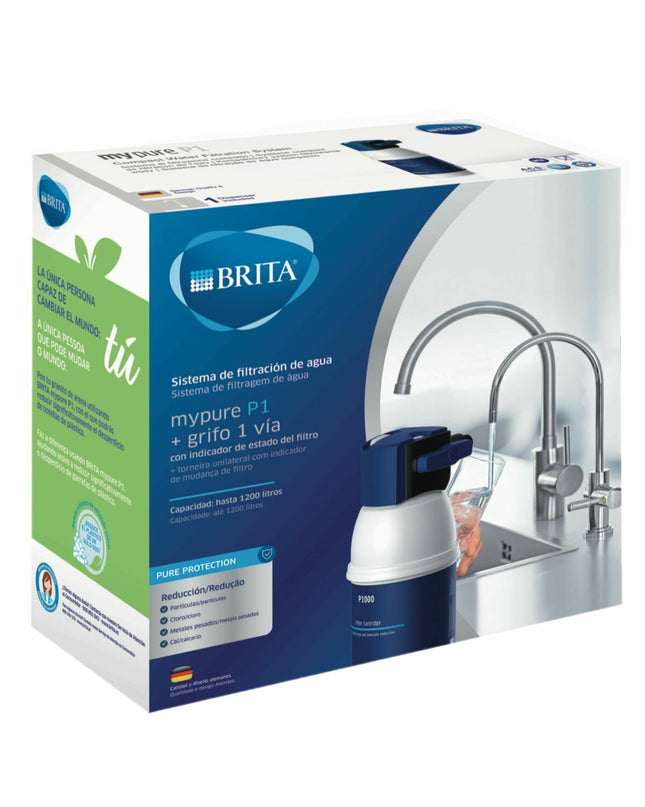 Brita MYPURE faucet filter attached to kitchen tap in a home kitchen setting, demonstrating water filtration process.