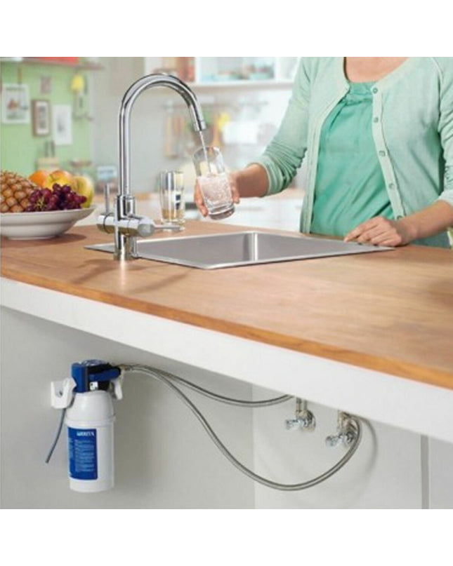 Brita faucet filter for kitchen use, plastic housing with filter cartridge, designed to improve tap water quality