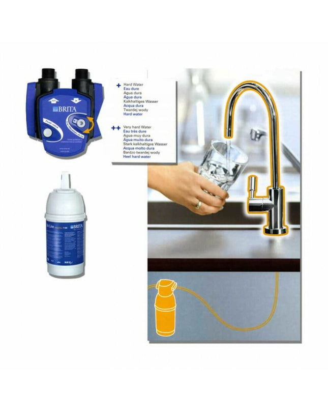Brita 065751 faucet filter for kitchen use, showing the compact filter attached to a kitchen tap for clean drinking water.