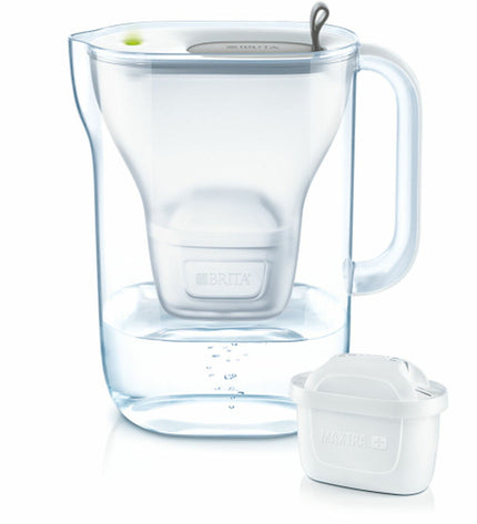 Brita Style gray water jug with 2.4L capacity and built-in filter for clean drinking water in a kitchen setting.