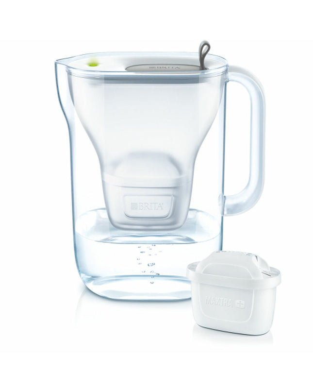 Brita Style gray water jug with 2.4L capacity and built-in filter for clean drinking water in a kitchen setting.