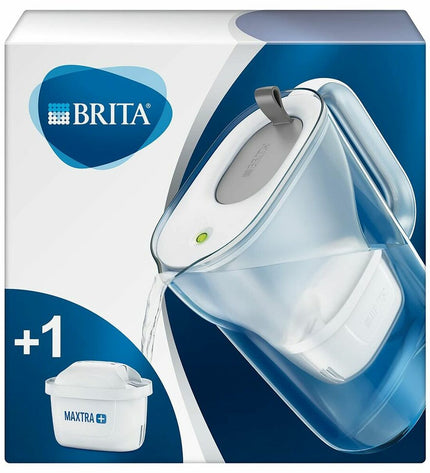 Gray Brita water pitcher with filter, 2.4L capacity, designed for home use and kitchen water filtration.