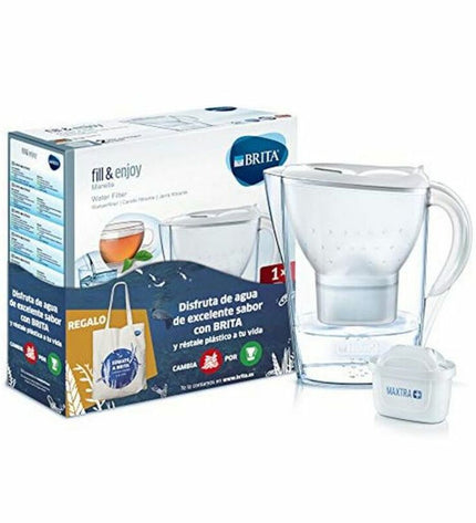 Brita Marella Cool 2.4L water jug with filter, designed for home use, featuring a transparent body and blue lid.