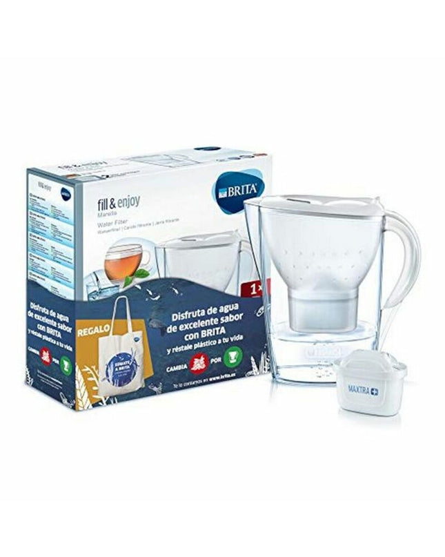 Brita Marella Cool 2.4L water jug with filter, designed for home use, featuring a transparent body and blue lid.