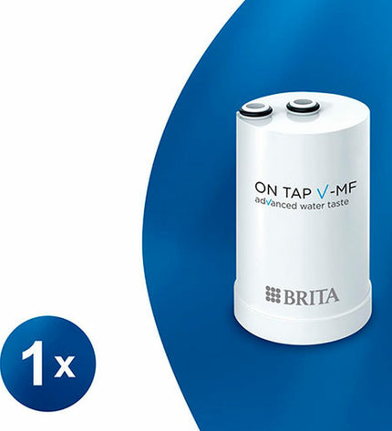 Brita ON TAP V-MF water filter installed on kitchen tap, part of Brita's home water filtration system for clean drinking water.