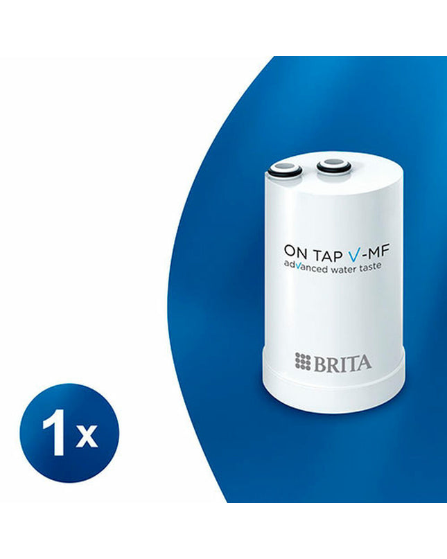 Brita ON TAP V-MF water filter installed on kitchen tap, part of Brita's home water filtration system for clean drinking water.