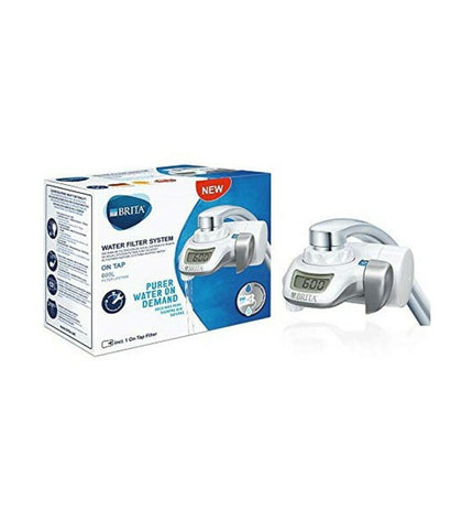 Brita PUUDUU water filter for faucet, designed for kitchen use, showing the filter attachment and part of the faucet.