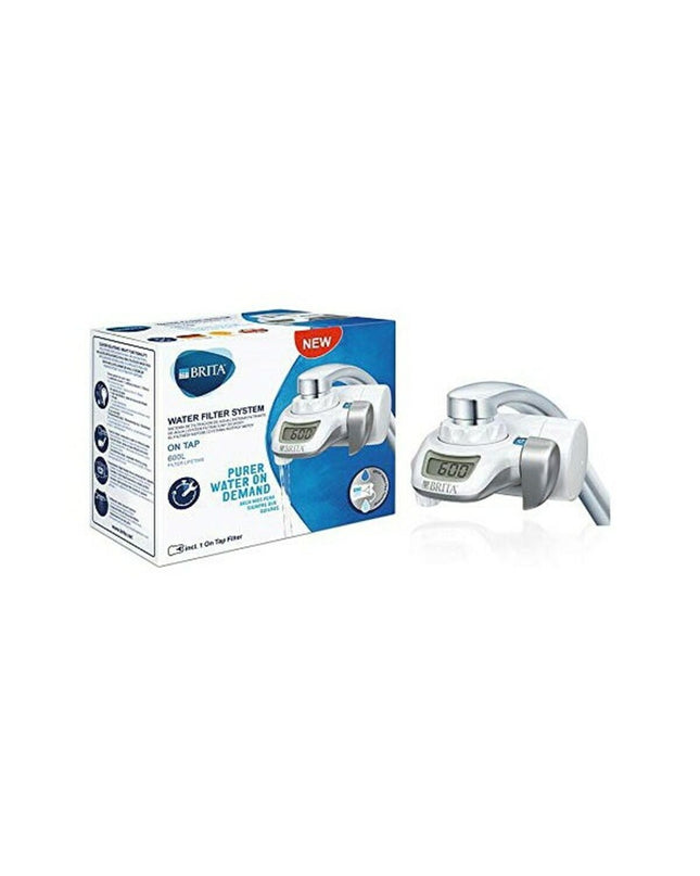 Brita PUUDUU water filter for faucet, designed for kitchen use, showing the filter attachment and part of the faucet.