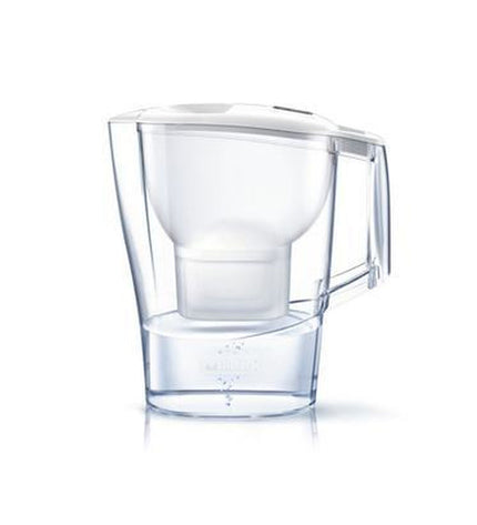 Transparent Brita Maxtra Pro water jug with filter, multicolour lid, 2.4-liter capacity for household use in kitchen.