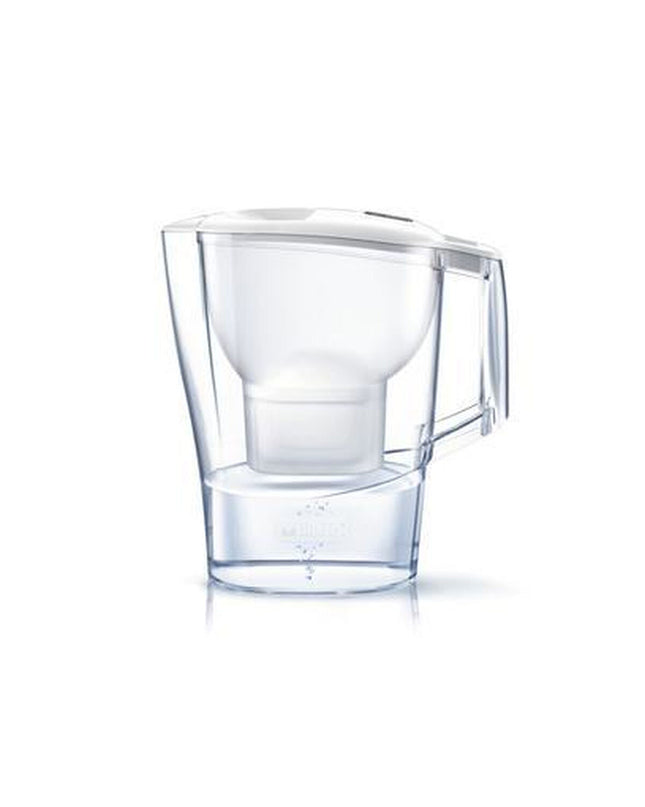 Transparent Brita Maxtra Pro water jug with filter, multicolour lid, 2.4-liter capacity for household use in kitchen.