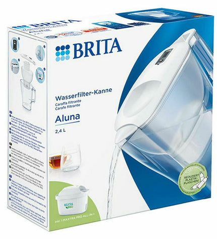 Clear Brita Maxtra Pro water filter jug with multicolour lid, 2.4L capacity, designed for home and kitchen use.