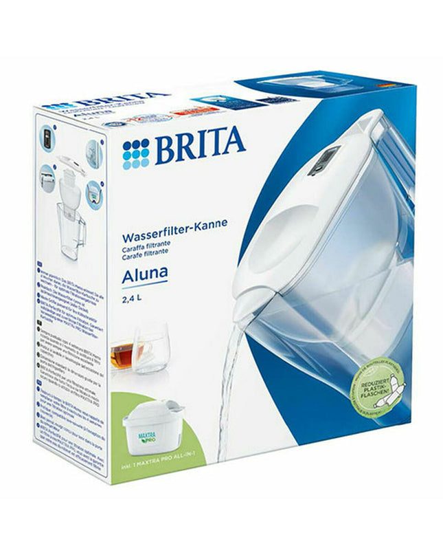 Clear Brita Maxtra Pro water filter jug with multicolour lid, 2.4L capacity, designed for home and kitchen use.